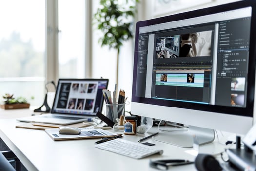 Computer Mockup Background on a white desk featuring  editing tools and  gadgets Background photo
