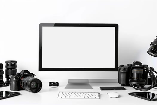 Computer Mockup Background on a white desk with graphy gear and accessories around Background photo