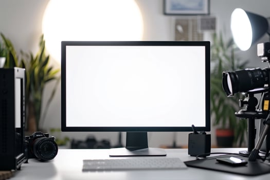 Computer Mockup Background on a white desk with graphy gear arranged around Background photo
