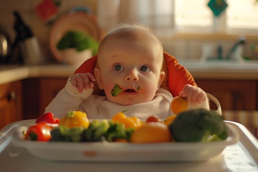 Baby Sampling Different Vegetables on a High Chair for Nutritional Choices photo