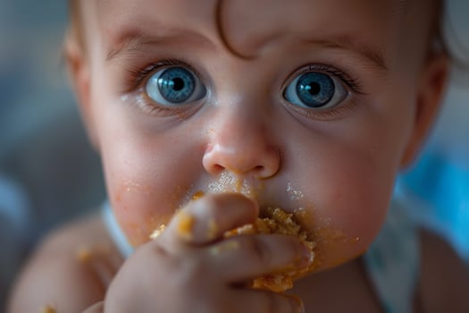 Baby Trying Different Foods on a High Chair for Taste Testing photo