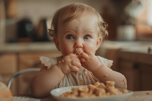 Baby Tasting Various Foods on a High Chair for Culinary Exploration photo