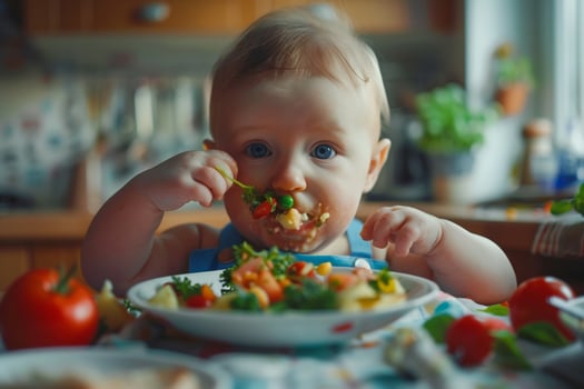 Baby Exploring Various Foods on a High Chair for Nutritional Variety photo
