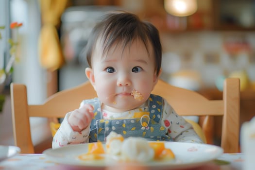 Baby Trying a Variety of Foods on a High Chair for Taste Testing photo