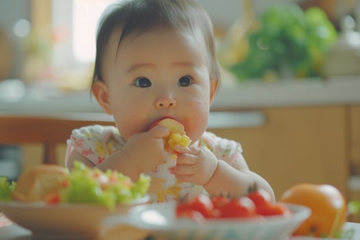 Baby Sampling Different Fruits on a High Chair for Taste Testing photo