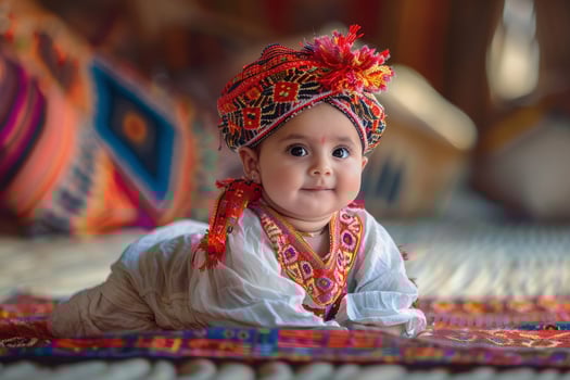 Baby in Traditional Cultural Attire with Props for Authentic Heritage Display photo