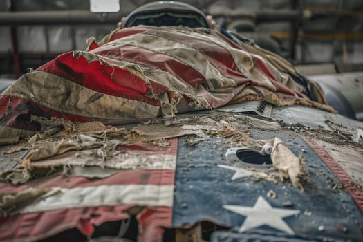 Worn American Flag Draped Over Vintage Aircraft photo