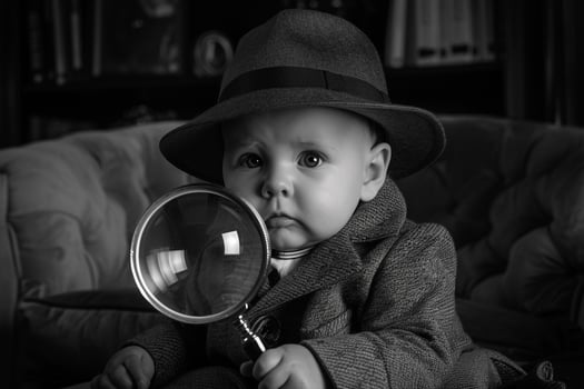 Baby in Noir Detective Outfit with Magnifying Glass Adorable and Vintage Costume Look photo