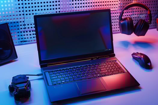 Gaming laptop mockup on white table with gaming accessories highlighting high performance and  setup background photo