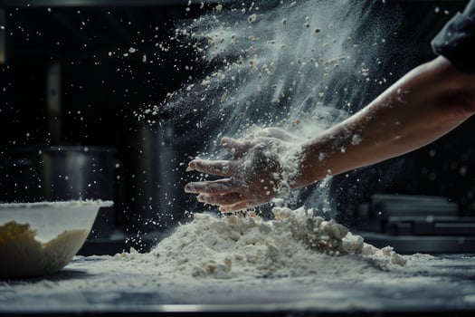 Tossing Pizza Dough with Flour in Mid Air photo
