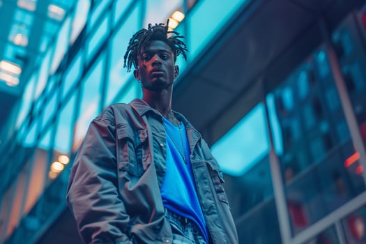 Male Model in Streetwear with a blue top and   background highlighting a stylish and contemporary look photo