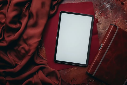 Tablet Screen Mockup with Leather Notebook for Digital Content Background photo