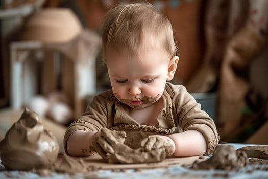 Baby Engaged in Clay Sculpting on a  Surface photo