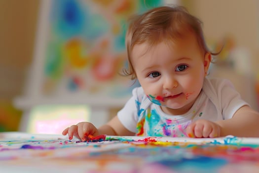 Baby playing joyfully with water in a cheerful environment photo