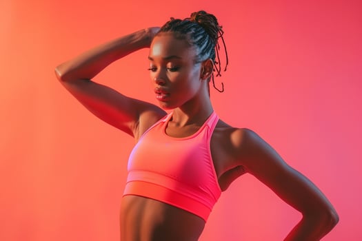 Woman in Coral Pink Activewear Exercising Outdoors Background photo