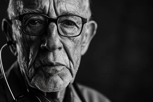 Elderly Doctor with Glasses and Stethoscope in a Classic Medical Office Background photo