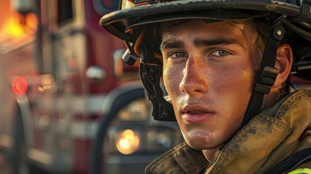 Close-up portrait of a young American male firefighter photo