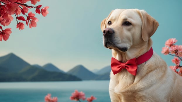 cheerful Labrador wear bow tie on neck , clean bright background, free copy space on the right. photo