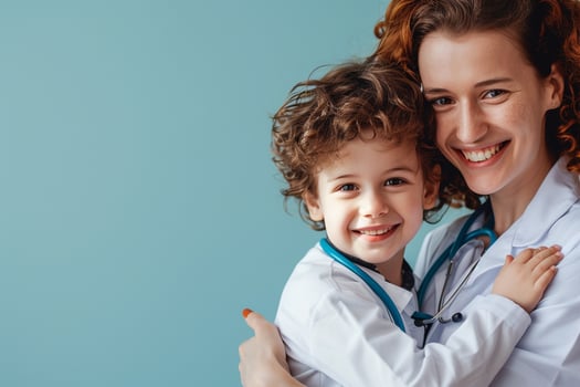 Pediatrician with Stethoscope and Happy Child in a Light and Cheerful Medical photo