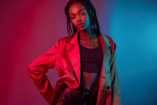 Model in High Fashion Ensemble with Rich Burgundy Background photo