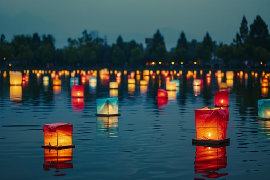 Spectacular Lantern Festival with Lanterns Drifting on a Serene Lake Under a Starry Sky Background photo