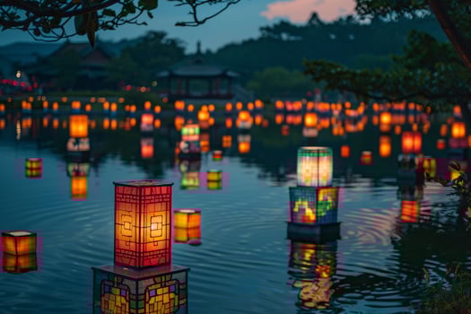 Tranquil Lantern Festival with Floating Lanterns on a Serene Lake at Dusk Background photo