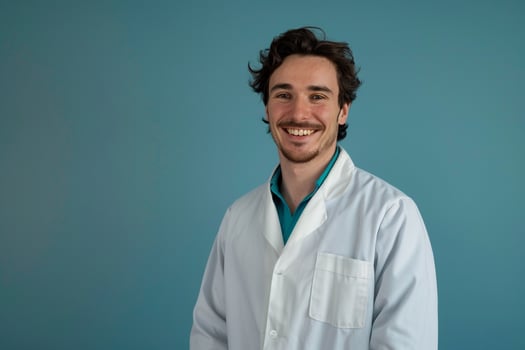 Male Doctor with Friendly Smile in Medical Clothing photo