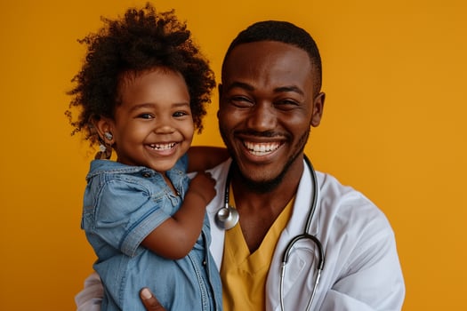 Pediatrician in Clinic with Happy Child and Stethoscope Background photo