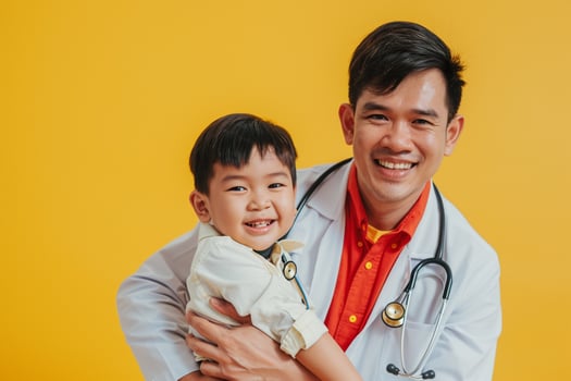 Pediatrician with Stethoscope and Happy Child in Clinic Background photo