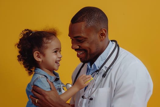 Pediatrician with Stethoscope and Smiling Child in Clinic Background photo