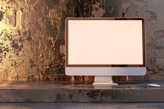 Computer Monitor Mockup Screen on Metallic Bronze Background for Contemporary Tech Visuals photo
