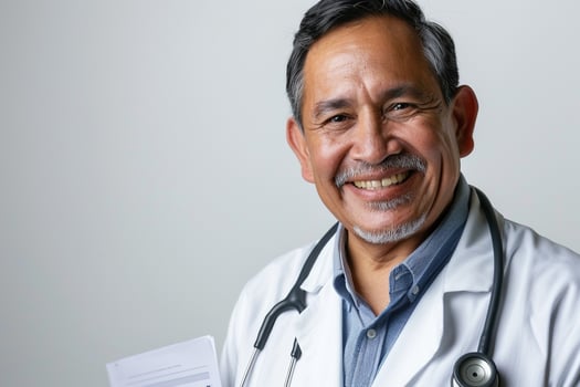 Doctor with Medical Chart and Warm Smile in Healthcare  Background photo