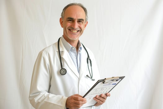 Cheerful Doctor Hing Medical Chart in Clinic Environment Background photo