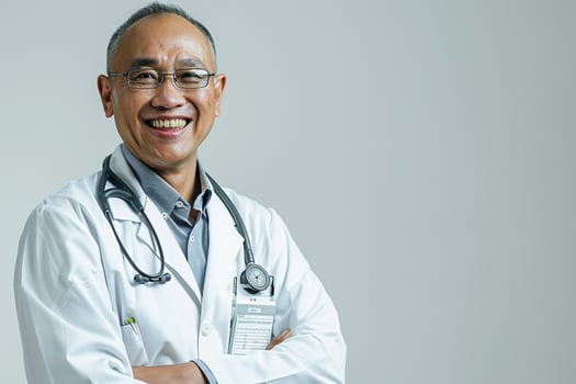 Friendly Doctor with Medical Chart and Positive Attitude in Clinic Background photo