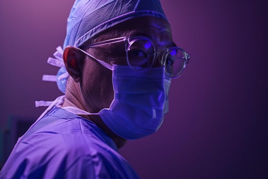 Surgeon in Medical Scrubs Celebrating Successful Operation with Background photo