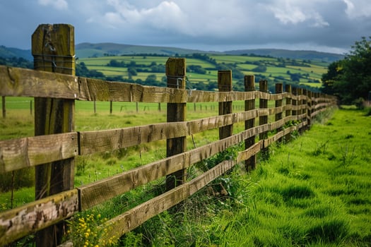 Rural wooden fence with green fields in the countryside and a tranquil natural background photo