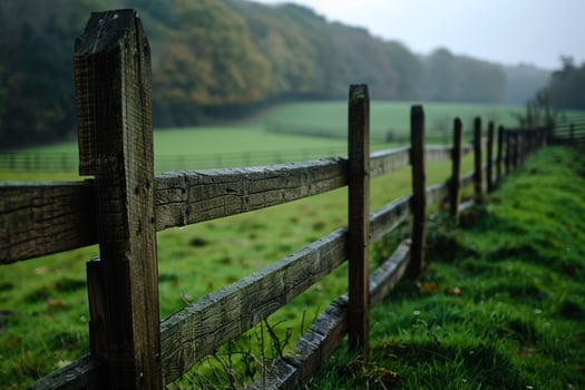 Wooden fence along a rural countryside with expansive green fields and a tranquil natural background photo