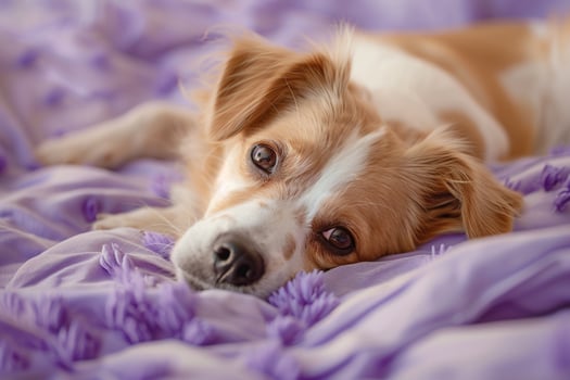 Dog comfortably lounging on a lavender background enjoying a serene and peaceful photo