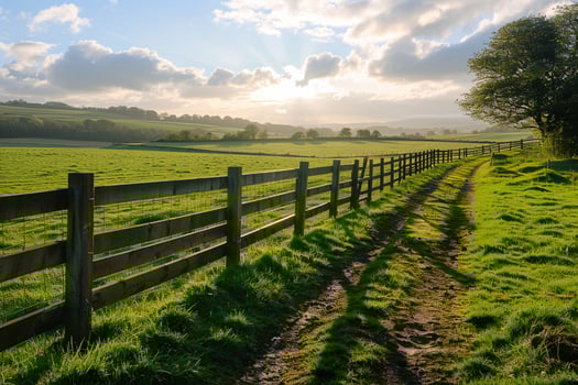 Wooden fence in a rural countryside with lush green fields and a tranquil serene background photo