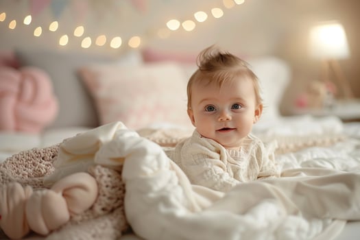 Baby in a nursery surrounded by  lines and  s photo