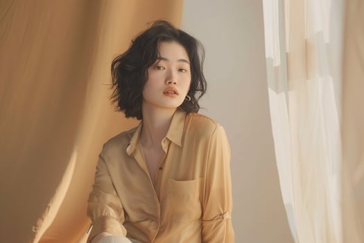 Model in a refined desktop setup outfit with beige background photo