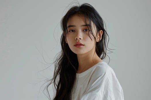 Model in a desktop setup outfit featuring a cool gray background photo