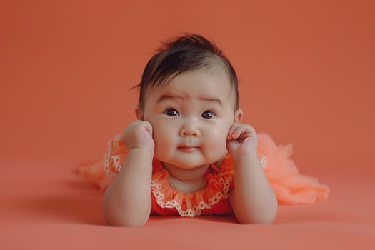 Baby with a coral background for a  and cheerful atmosphere photo