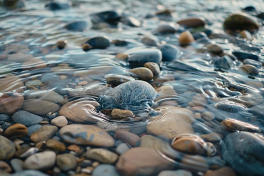 Smooth pebble textures on a riverbed with flowing water photo