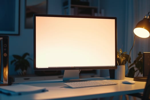 Tech Research Computer Mockup Background on white desk with papers photo