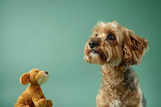 Dog with Mint Toy in a Joyful Playful Position on a Background with   Design photo
