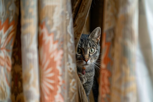 Gray tabby cat peeking from behind a curtain ready to leap for a dangling toy background photo