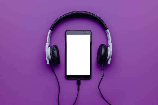 Mobile Phone Mockup Screen and Headphones  Desk Background photo