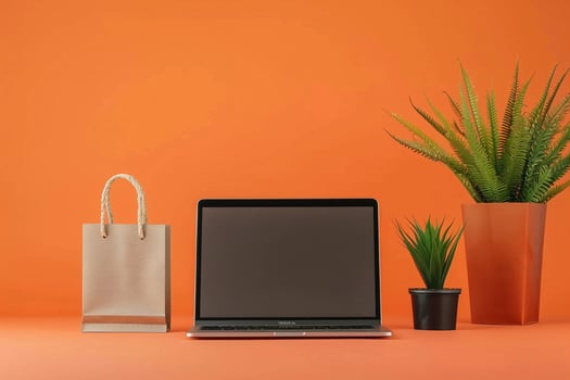 Laptop Mockup Featuring Shopping Theme and E Commerce Background for Online Retail photo