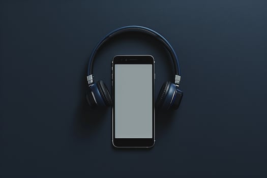 Mobile Phone Mockup Screen with Headphones Presenting Premium Tech Features and Audio Quality photo